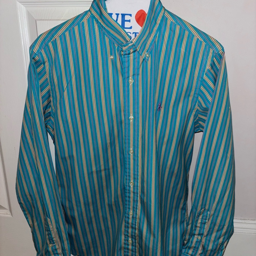 Ralph Lauren Men’s Custom Fit Turquoise Striped Button-Down Dress Shirt Sz S